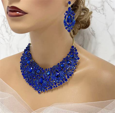 Royal Blue Bridal Jewelry Set Wedding Necklace Earrings Prom Etsy