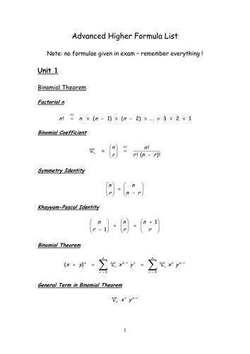 Advanced Higher Formulae By Mpatel777 Teaching Resources Tes