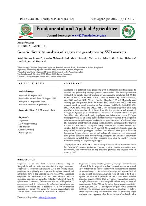 Pdf Genetic Diversity Analysis Of Sugarcane Genotypes By Ssr Markers