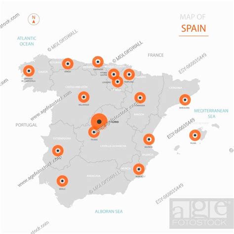 Stylized Vector Spain Map Showing Big Cities Capital Madrid