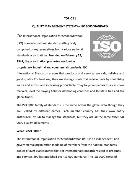 Quality Management Systems ISO 9000 Standard TOPIC 11 QUALITY