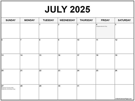 Calendar 2025 July Holidays Denni Neille