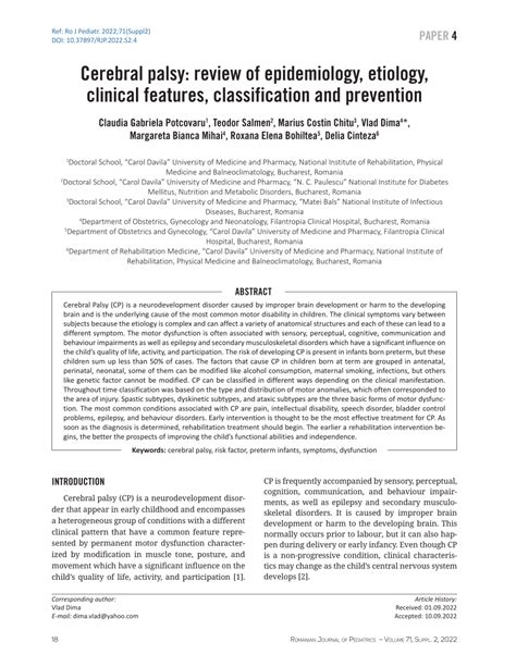 Pdf Cerebral Palsy Review Of Epidemiology Etiology Clinical Features Classification And