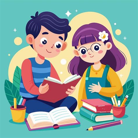 A Boy And Girl Sit On The Ground One Reading A Book Premium Ai