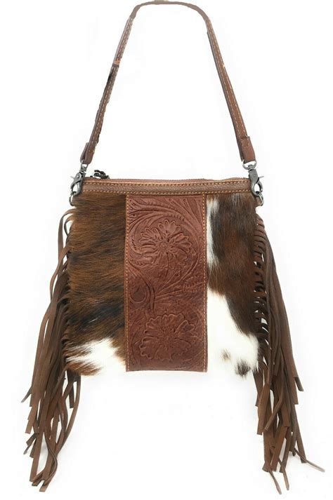 Genuine Tooled Leather Cowhide Fur Fringe Womens Crossbody Bag In 3