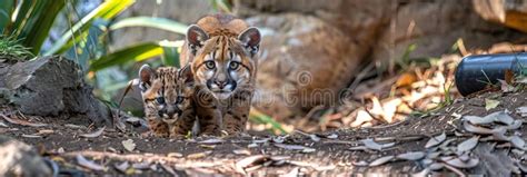 Male Cougar And Cub Portrait With Space For Text Object On Right Side