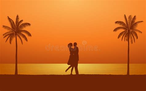 Romantic Couple Kissing Tropical Beach Sunset Stock Illustrations 35