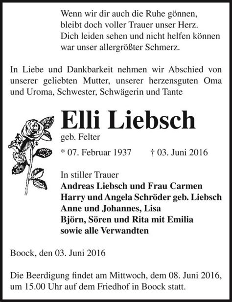 Traueranzeigen Von Elli Liebsch Geb Felter Abschied Nehmen De