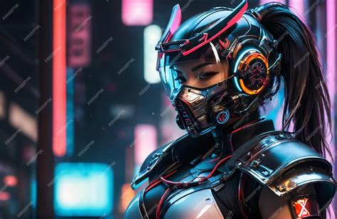 Premium Photo Futuristic Humanoid Wearing Bionic Armor With Neon Glowing Cyberpunk Style