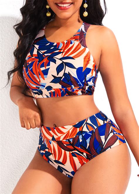 High Waisted Tropical Plants Print Bikini Set Rosewe USD 31 98