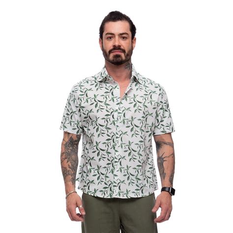 Camisa Floral Manga Curta Masculina Algod O Leve Verde Teodoro Camisaria