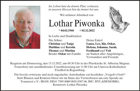 Traueranzeigen Von Lothar Piwonka Mittelbayerische Trauer