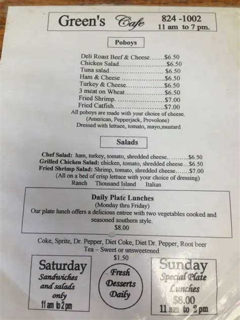 Menu at Greens Cafe, Jennings