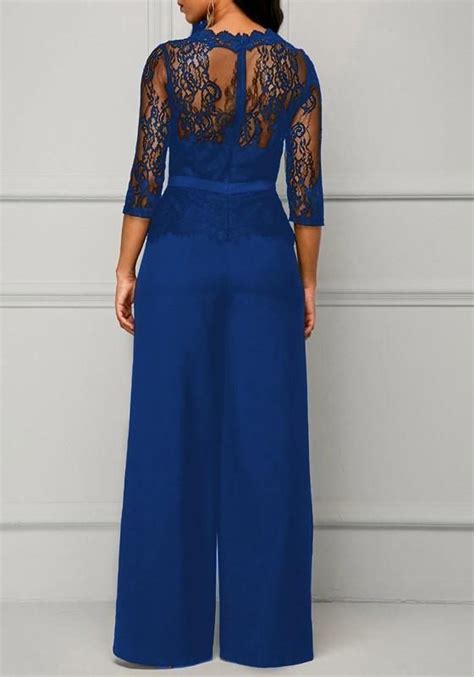 Blue Patchwork Lace Peplum Wide Leg Formal Elegant Party For Wedding