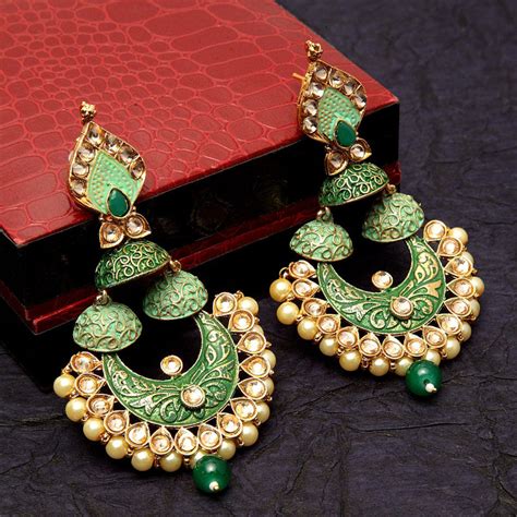 PANASH Gold Toned Green Pearl Drop Earrings Buy PANASH Gold Toned