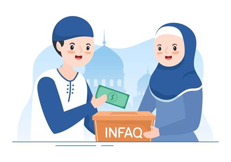 Muslim People Giving Alms Zakat Or Infaq Donation To A Person Who Need It In Flat Cartoon