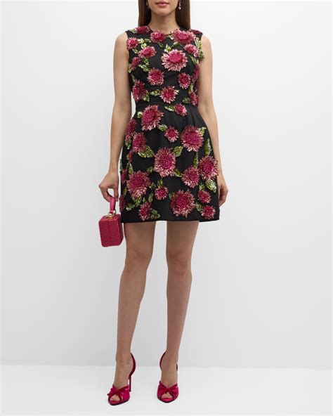 Lela Rose Crystal Flower Sleeveless Mini Dress Neiman Marcus