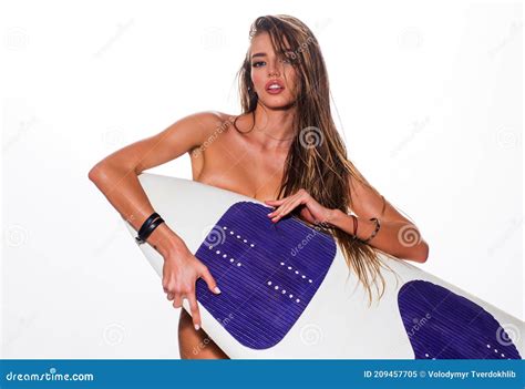 Naked Summmer Woman With Surf Board Summer Vacation Concept Chick
