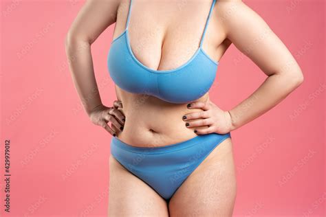 Fat Woman With Very Large Breasts In Blue Underwear On Pink Background