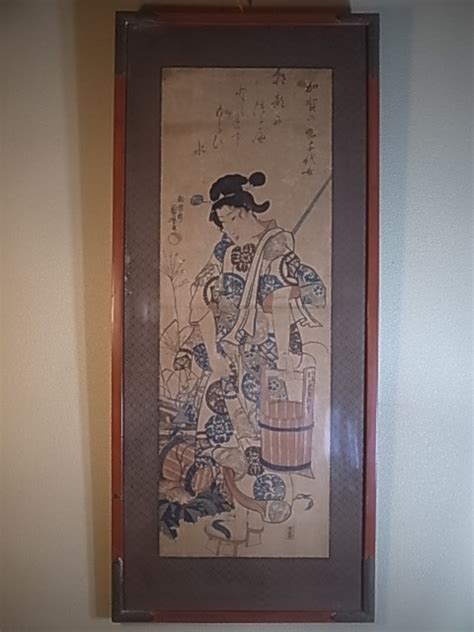 古美術 骨董 浮世絵 錦絵 版画 真作 美人画 朝桜楼国芳 歌川国芳 泉市版 紙本 額装 860×375mm 画690×240mm美人画