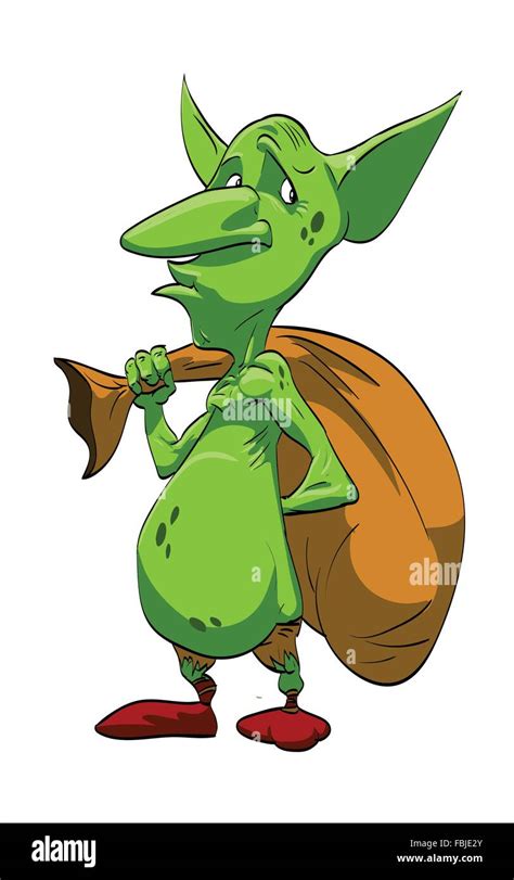 Colorful Vector Illustration Of A Green Goblin Thief With A Bag Of