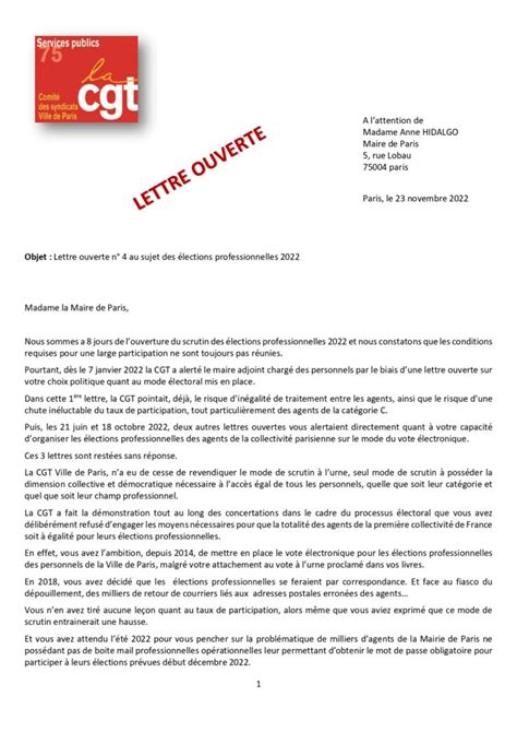 Lettre Ouverte La Maire De Paris Lue Au Ct Central Du Novembre