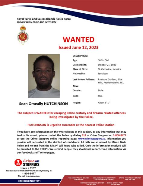 Wanted Poster Sean Hutchinson Royal Turks And Caicos Island Police