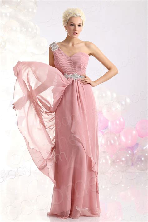 Luxurious Sheath Column One Shoulder Floor Length Chiffon Pink Evening