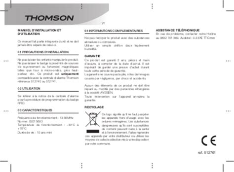 Mode d emploi Thomson 512761 Français 1 des pages