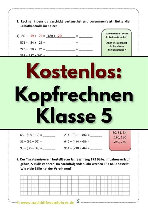 Mathe Klasse 5 Kopfrechnen Kostenlose Arbeitsblätter zum Üben mit