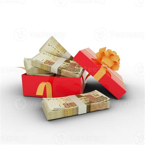 Stack Of Pakistani Rupee Notes Inside An Open Red Gift Box Bundles Of