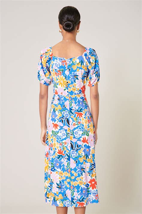 Ojai Floral Agave Puff Sleeve Midi Dress Sugarlips