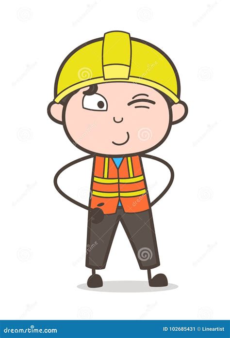 Naughty Winking Eye Face Cute Cartoon Male Engineer Illustration