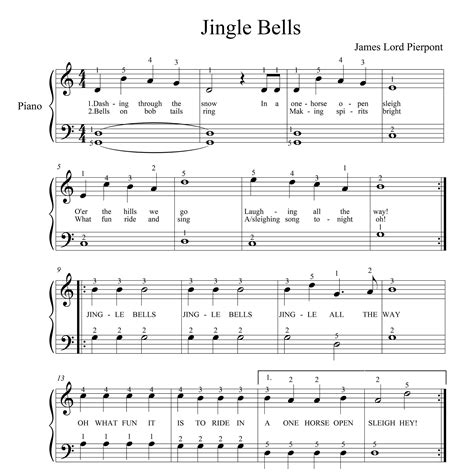 Jingle Bells Very Easy Piano Sheets Digital Download With Lyrics And