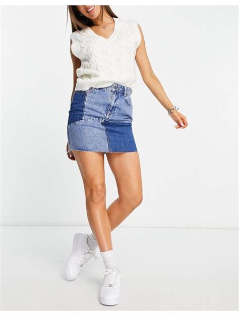 Buy Only High Waisted Patchwork Denim Mini Skirt In Mid Blue Wash