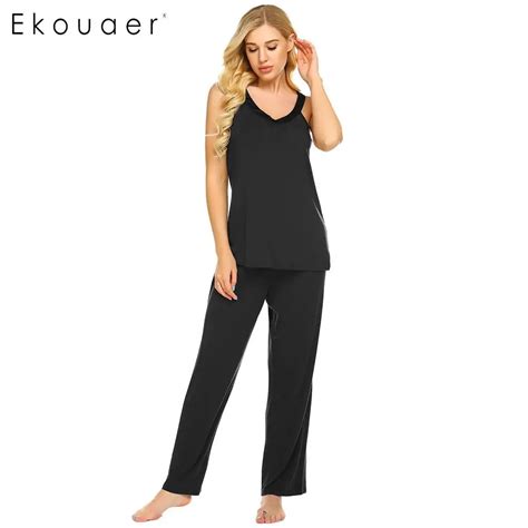 Ekouaer Women Two Piece Pajamas Sleepwear Sleeveless V Neck Loose Solid