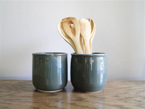 Utensil Holder Dark Green And Blue Pottery Utensil Crock Etsy Blue Pottery Utensil Crock