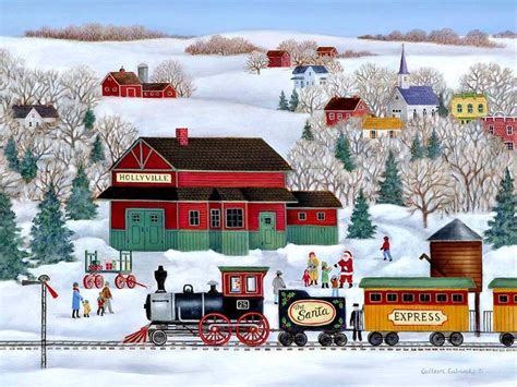 A Painting Of A Train Traveling Through A Snow Covered Countryside With