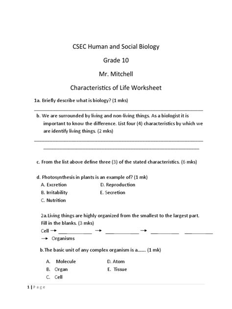 Characteristics Of Life Worksheet.docx | PDF | Diffusion | Osmosis