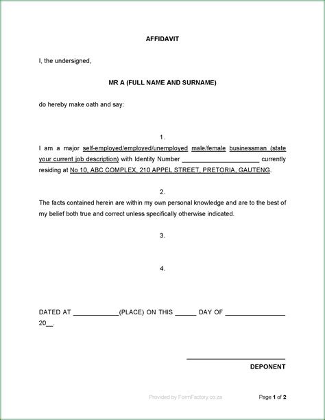 South African Free General Affidavit Template Word Printable Templates