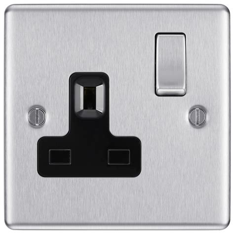 BG Brushed Steel 13A DP Black Insert Switched Socket 1 Gang Toolstation