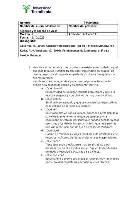 Act Modelos De Negocios Y La Cadena De Valor Actividad Nombre