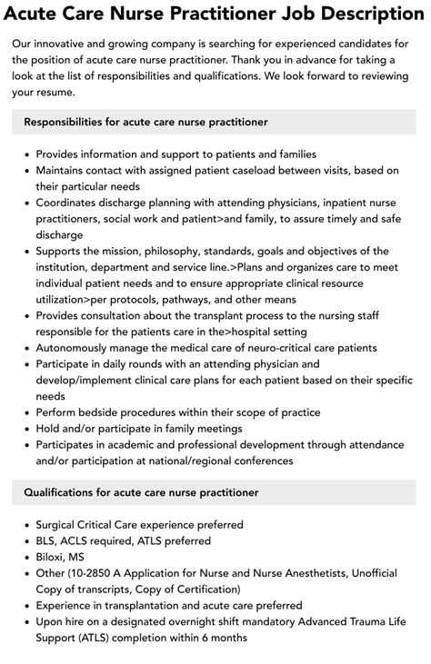 Acute Care Nurse Practitioner Job Description Velvet Jobs