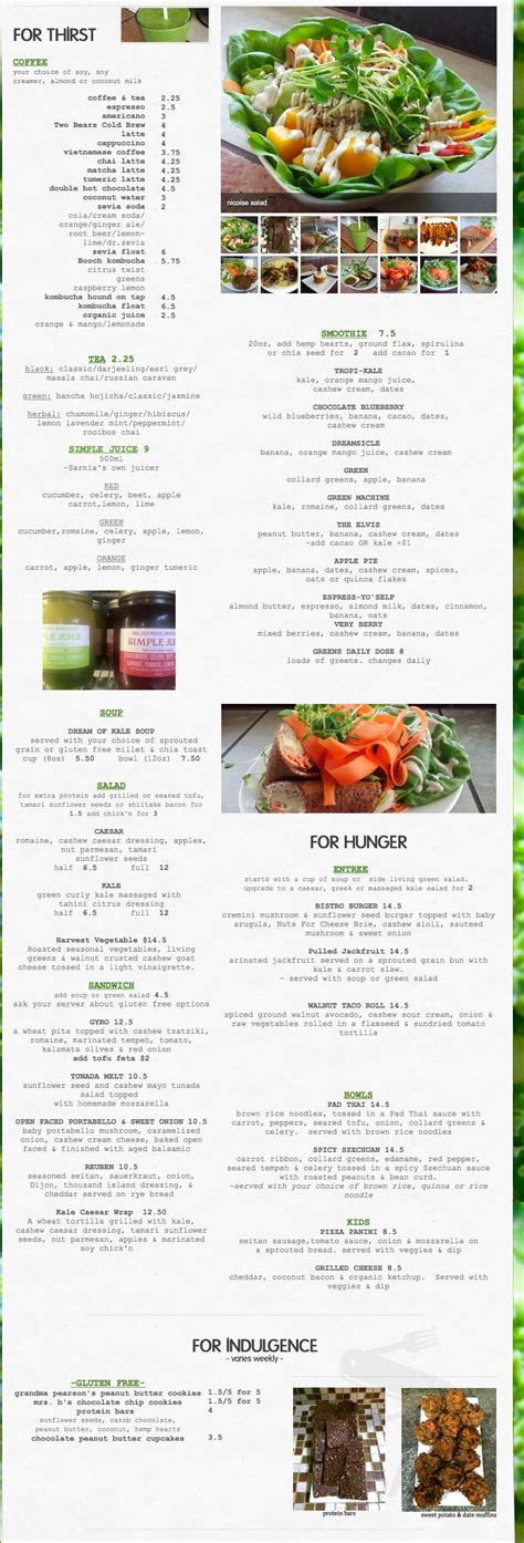 Greens Organic Cafe And Market Menu In Sarnia Ontario