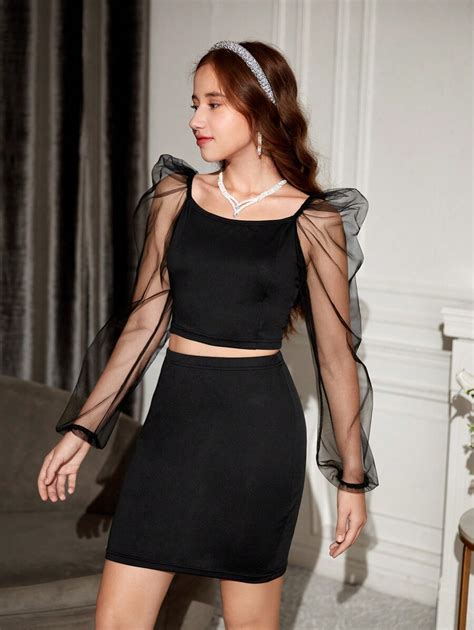 Teen Girl Contrast Mesh Gigot Sleeve Crop Top Skirt Shein Usa