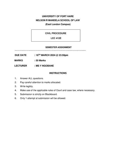 Civil Procedure Assessment University Of Fort Hare Nelson R Mandela