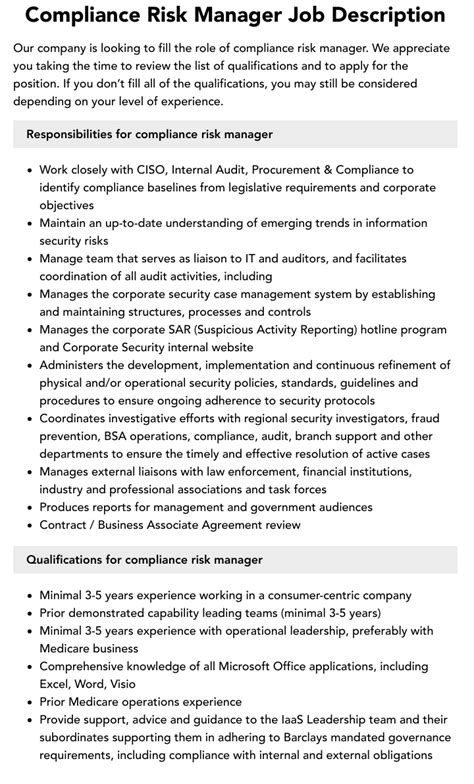 Compliance Risk Manager Job Description Velvet Jobs