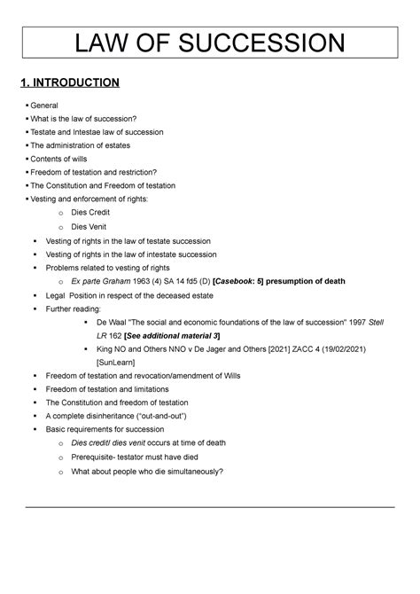 LAW OF Succession Notes LAW OF SUCCESSION 1 INTRODUCTION General