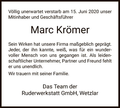 Traueranzeigen Von Marc Kr Mer Trauer Hna De