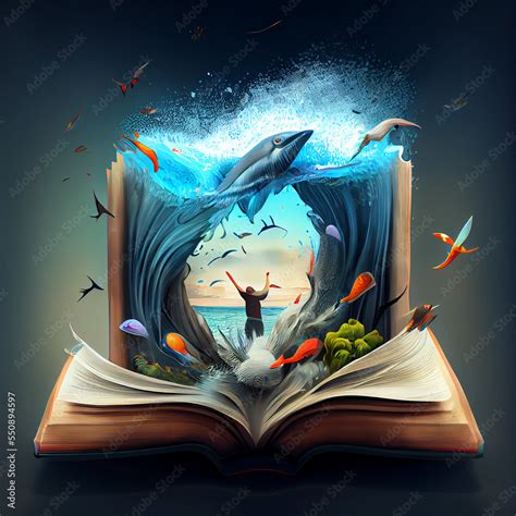 Open magic book with surfer, birds and fishes coming out, digital art ...